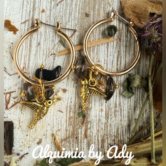 Gold charms smokey quartz statement hoop earrings - Picture 1 of 1